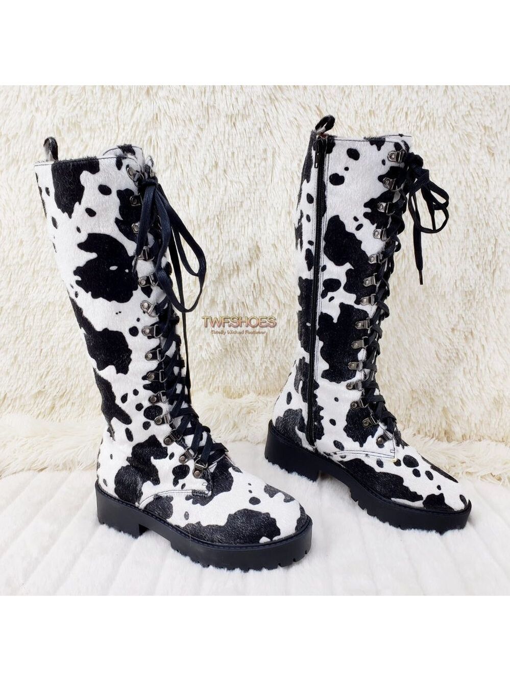 Savage Cow Combat Lace Up Knee Boots Faux Cow Print Brand New - Picture 14 of 16